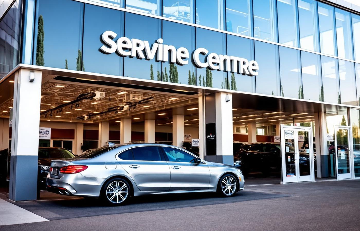 A sedan arriving at a modern dealership service centre
