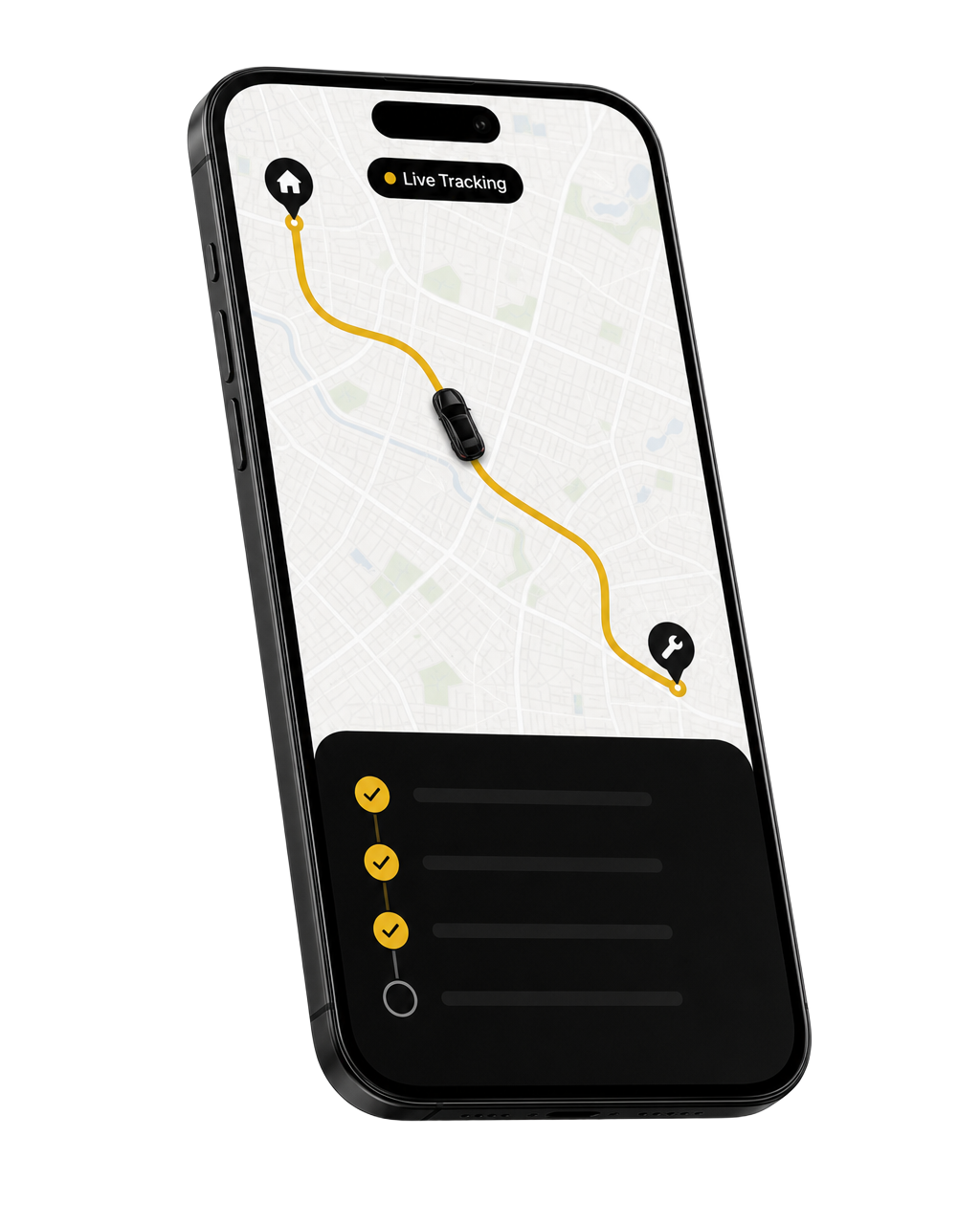 Angled smartphone showing the KeyDrop Ontario live GPS map with the pickup pin, gold route, vehicle position and trip progress checklist